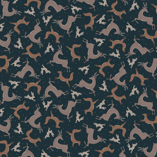 Dear Stella Fabrics Fox And Fern Solstice Serenade Midnight Blue, fabric featuring a pattern of foxes and ferns in shades of brown and gray on a dark blue background.