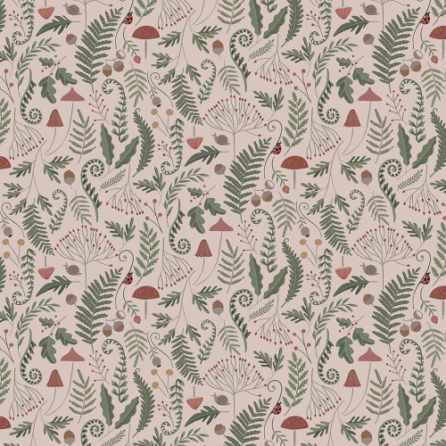 Dear Stella Fabrics Fox And Fern Frond Collective Taupe Cream, a botanical fabric pattern featuring ferns, mushrooms, ladybugs, and various foliage on a taupe and cream background.