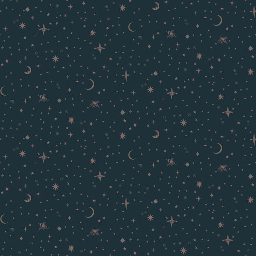 Dear Stella Fabrics Fox And Fern Stellar Midnight Blue fabric, cosmic design with stars, moons, and celestial patterns on dark navy background.