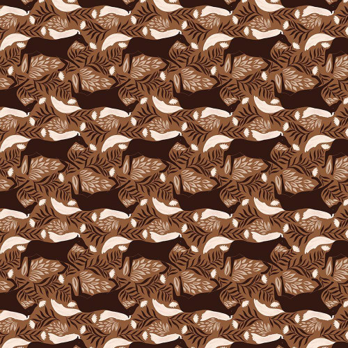 Dear Stella Fabrics Wild And Free Fay Nye Run Free Birch Cream, a fabric design featuring stylized foxes and leaves in shades of brown, cream, and beige.