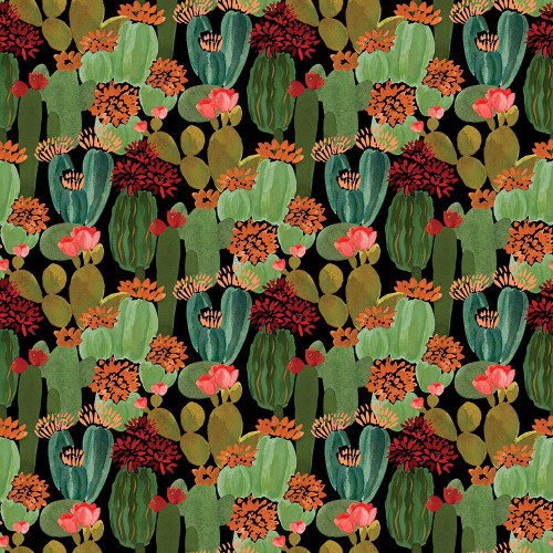 Dear Stella Fabrics Wild And Free Fay Nye Cactus Blooms Multi Green, vibrant cactus and desert flower pattern on black background.