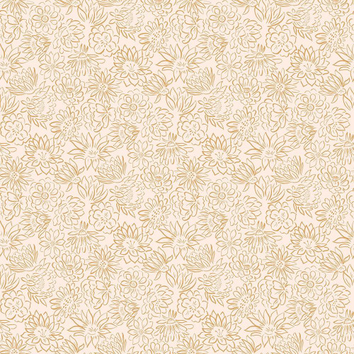 Dear Stella Fabrics Wild And Free Fay Nye Southwestern Floral Bellini Pink, pink floral pattern fabric with yellow outlines of various flowers and leaves.