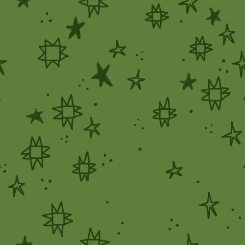 Dear Stella Fabrics Quiltstellation Pammie Jane Quiltstellation Pisces Green, green fabric with star and geometric print pattern.