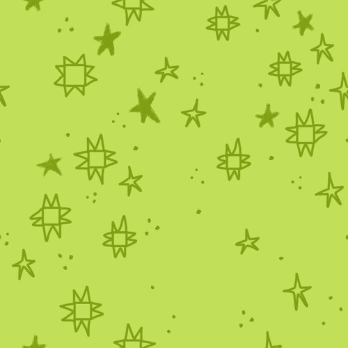 Dear Stella Fabrics Quiltstellation Pammie Jane Quiltstellation Moonshine Green, fabric with a bright green background and scattered star and geometric patterns in darker green.