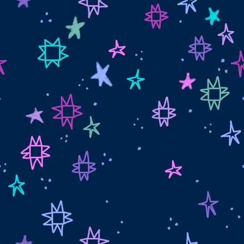 Dear Stella Fabrics Quiltstellation Pammie Jane Quiltstellation Saturn Blue, a fabric featuring a starry night pattern with colorful outlined stars and geometric star shapes on a dark navy background.