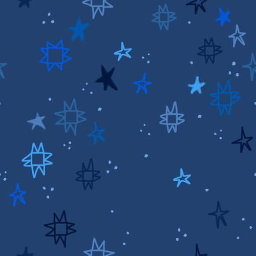 Dear Stella Fabrics Quiltstellation Pammie Jane Quiltstellation Nebula Navy Blue, fabric with a navy blue background featuring stars and geometric shapes in various shades of blue.