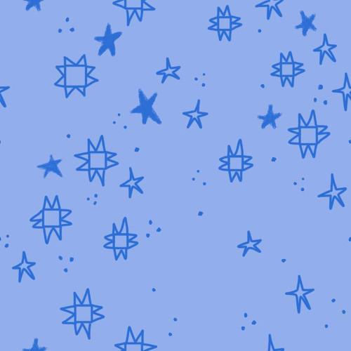 Dear Stella Fabrics Quiltstellation Pammie Jane Quiltstellation Neptune Blue, fabric with a blue background and star and flower patterns in darker shades of blue.