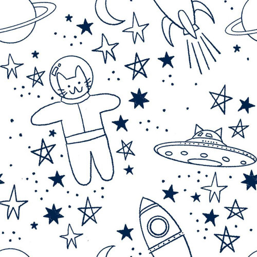 Dear Stella Fabrics Meowter Space Pammie Jane Blast Off White, space-themed fabric with a pattern of stars, rockets, UFOs, and an astronaut cat in navy blue on white background.