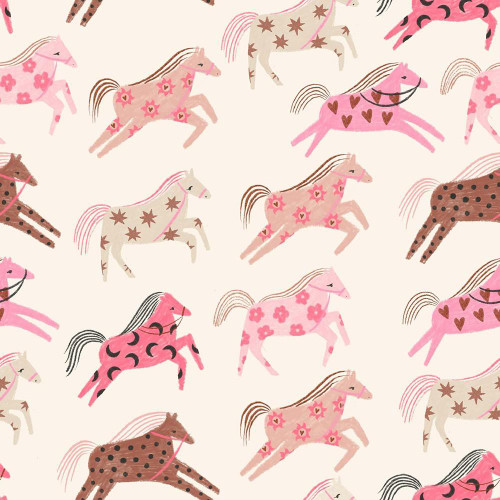 Dear Stella Fabrics Pink Pony Club Wild Ain't For Tamin' Cream, playful pattern of various pink, brown, and white ponies with floral, star, and polka dot designs, running across a cream background.