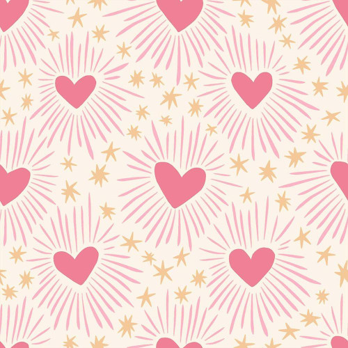 Dear Stella Fabrics Pink Pony Club Heart Beat Cream, fabric pattern featuring pink hearts surrounded by radiating pink lines and beige stars on a cream background.