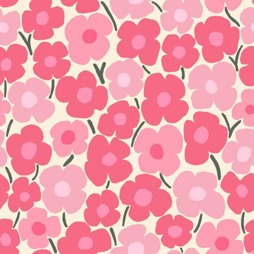 Dear Stella Fabrics Pink Pony Club Flower Power Cream, floral fabric pattern with pink and red flowers and green stems on a cream background.