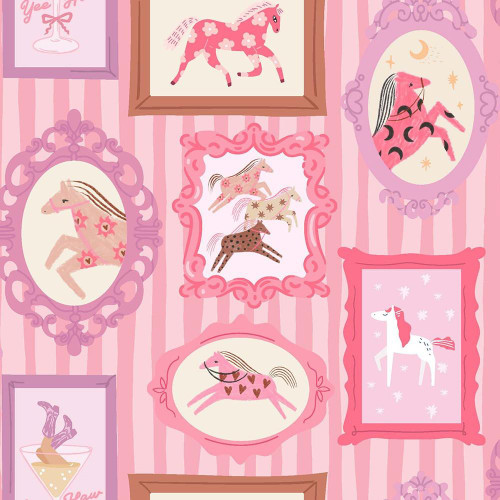 Dear Stella Fabrics Pink Pony Club Pink Pony Club Multi Pink fabric with whimsical pony illustrations in pink, white, and brown, framed in ornate pink, purple, and brown picture frames on a pink striped background.