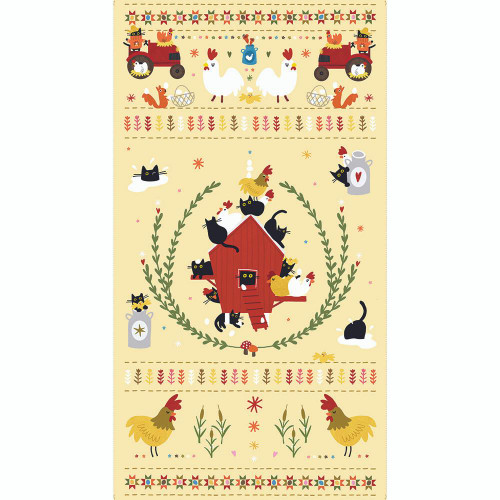 Dear Stella Fabrics Bok Bok Meow Leezaworks Bok Bok Meow Panel 24 Inch Lemon Yellow, colorful fabric featuring playful chickens, roosters, cats, hens, and farm-themed illustrations in vibrant colors.