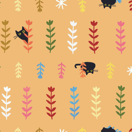 Dear Stella Fabrics Bok Bok Meow Leezaworks Seedlings Amber Yellow, fabric with a playful pattern of black cats and colorful plant motifs on a yellowish-beige background.