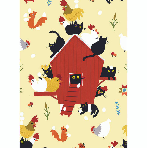 Dear Stella Fabrics Bok Bok Meow Leezaworks Cats In The Coop Lemon Yellow, fabric pattern with playful black cats, chickens, and squirrels around a red coop on a light yellow background.