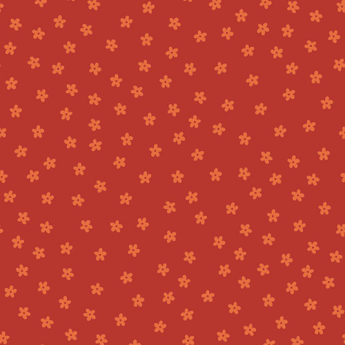 Dear Stella Fabrics Bok Bok Meow Leezaworks Petal Pawty Rust Red Brown, fabric with small orange petal floral pattern on rust red background.