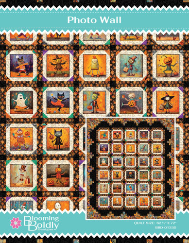 Quilting Treasures Fabrics Creepin It Reel Photo Wall Quilt Pattern, colorful Halloween-themed quilt featuring various playful and spooky characters, with a black and orange patterned border and a completion size of 62.5 x 72 inches.