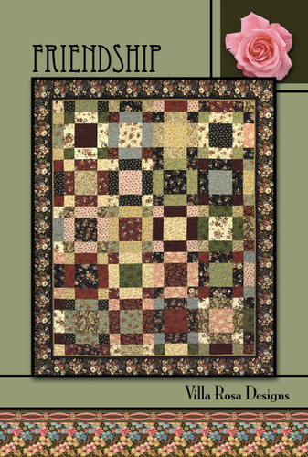 Villa Rosa Designs Friendship Pattern, a colorful floral quilt with a border of small pink roses, green leaves, and tiny flowers.