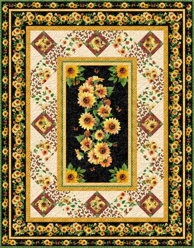 Wilmington Prints Sunshine Whispers Twin Quilt Kit, quilt with sunflower floral design and multiple patterned borders.