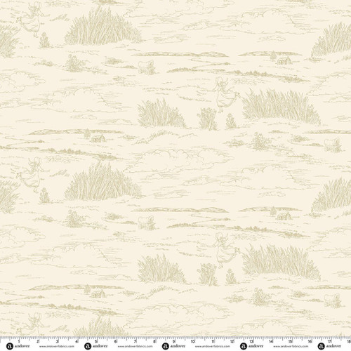 Andover Fabrics Icons by Little House on the Prairie Prairie Life 108 Inch Wide Quilt Backing Cream, cream-colored fabric with a detailed wildlife and prairie scene pattern featuring children, animals, and nature elements.