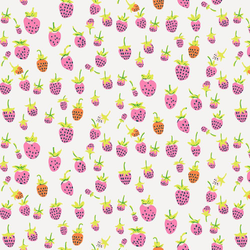 Windham Fabrics Heather Ross Favorites Blush Pink Strawberries, fabric pattern of pink strawberries with green leaves and orange and black berries on a white background.
