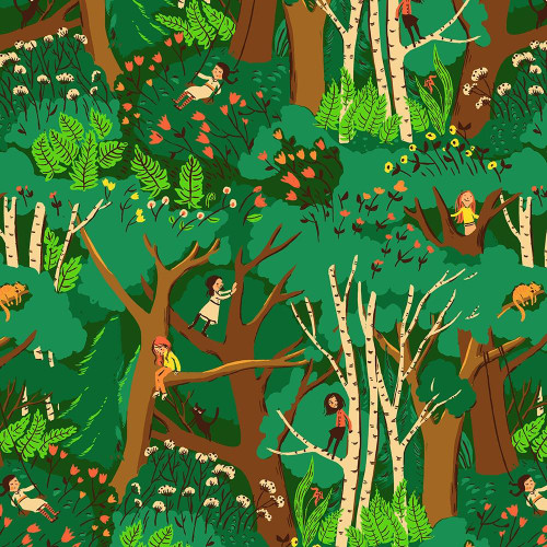 Windham Fabrics Heather Ross Favorites Jade Green Climbing Trees, fabric pattern featuring children playing in a lush green forest with trees, plants, and animals.