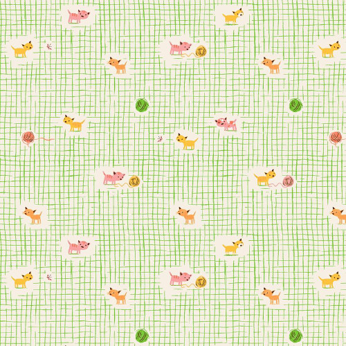 Windham Fabrics Heather Ross Favorites Green Kitten Plaid, fabric pattern featuring small kittens, yarn balls, and a green plaid background.
