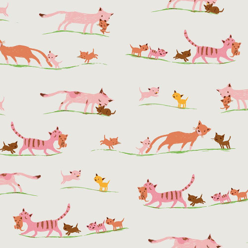 Windham Fabrics Heather Ross Favorites Cream Marching Cats, playful pattern of pink, orange, yellow, and brown cats walking and playing on green grass on a cream background.