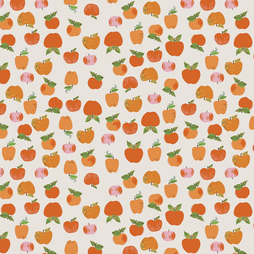 Windham Fabrics Heather Ross Favorites Red Apple, a colorful pattern of various stylized apples with green leaves on a light background.