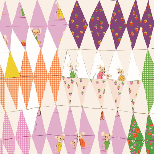 Windham Fabrics Heather Ross Favorites Blush Pink Trixie Collage, a colorful fabric design featuring illustrated mice characters and various patterned pennant banners in pink, purple, orange, yellow, and green.