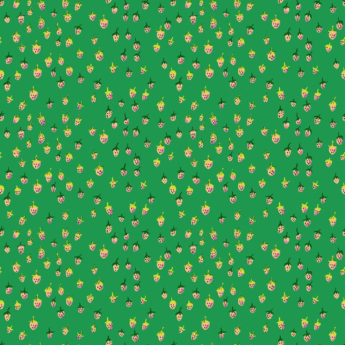 Windham Fabrics Heather Ross Favorites Jade Green Field Strawberries, fabric with a green background and a repeating pattern of pink, yellow, and purple strawberries with green leaves.