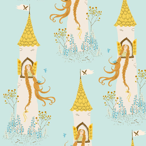 Windham Fabrics Heather Ross Favorites Aqua Blue Rapunzel fabric, whimsical pattern featuring a girl with long flowing hair in windows of white towers with yellow roofs, surrounded by trees, birds, and blue sky elements.