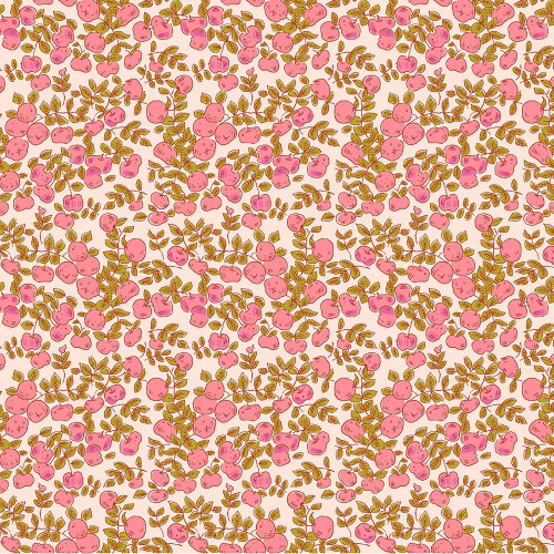Windham Fabrics Heather Ross Favorites Blush Pink Apples, fabric pattern featuring pink apple blossoms with green leaves on a light pink background.