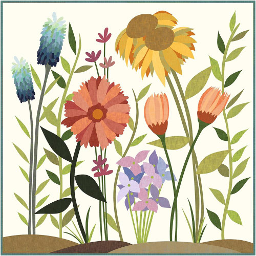Windham Fabrics Handloom Tara Faughnan Everbloom Woven Garden Quilt Kit, colorful floral garden design with various flowers and green leaves on a white background.