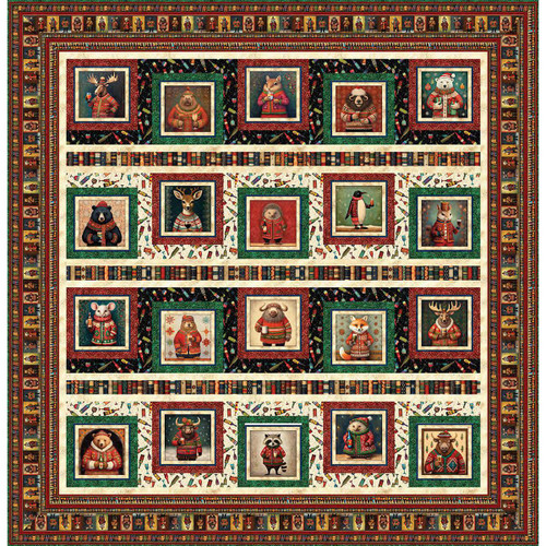Quilting Treasures Fabrics The Whimsical Workshop Holiday Portraits Quilt Pattern, featuring colorful and festive holiday animal portraits arranged in a quilt design.