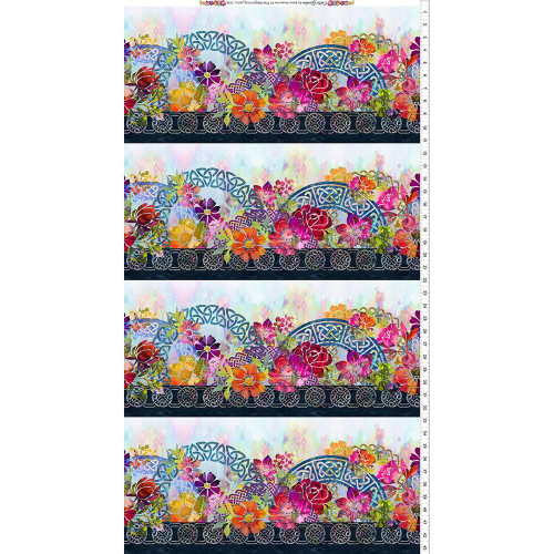 In The Beginning Fabrics Celtic Garden Pink Purple Blue Floral Border Stripe, colorful floral and Celtic knot pattern on fabric, vibrant pink and purple flowers with blue and yellow accents.