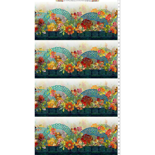 In The Beginning Fabrics Celtic Garden Orange Floral Border Stripe, vibrant floral border pattern with Celtic designs in orange, red, yellow, and green colors.