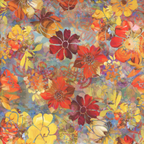 In The Beginning Fabrics Celtic Garden Orange Red Grey Garden Floral