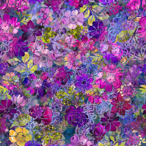 In The Beginning Fabrics Celtic Garden Purple Green Garden Floral, colorful floral pattern with purple, green, pink, yellow, and blue flowers and intricate Celtic-inspired designs.