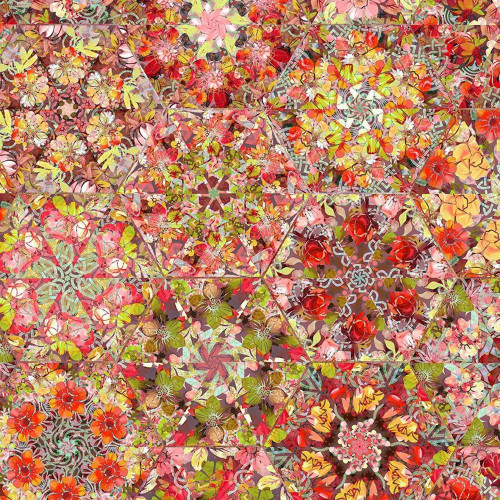 In The Beginning Fabrics Celtic Garden Orange Pink Green Flower Hexagons, colorful quilt fabric featuring vibrant floral and geometric pattern design.