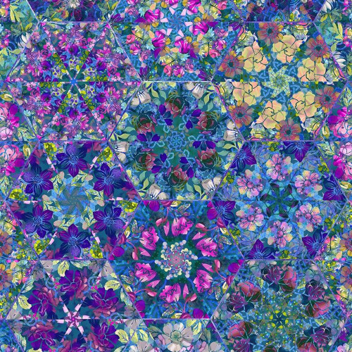 In The Beginning Fabrics Celtic Garden Blue Flower Hexagons, intricate floral quilt pattern with vibrant blue, purple, pink, and green hues.