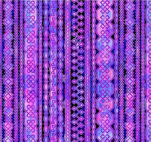 In The Beginning Fabrics Celtic Garden Purple Braided Knot Stripe, colorful purple and pink woven textile pattern with Celtic-inspired braid and knot designs.