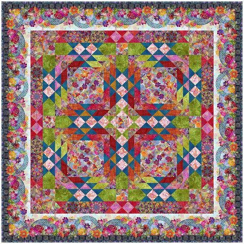 In The Beginning Fabrics Celtic Garden Multi Pink Blue Red Green Quilt Kit, colorful floral and geometric quilt design with intricate patterns and vibrant colors.