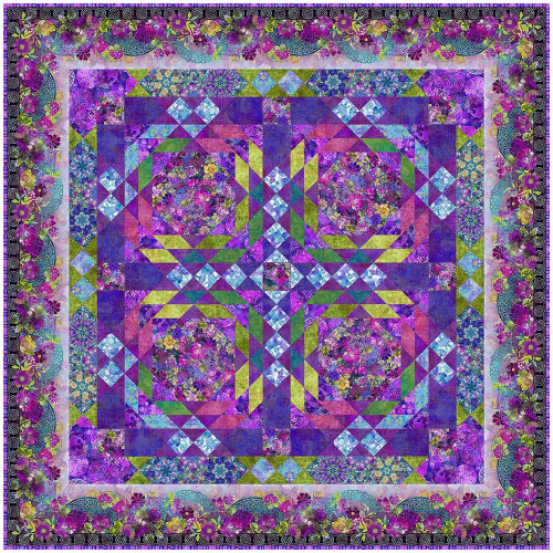 In The Beginning Fabrics Celtic Garden Purple Blue Green Quilt Kit, a colorful quilt with a floral and geometric pattern in purple, blue, green, and yellow hues.
