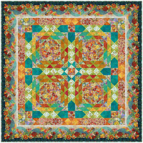 In The Beginning Fabrics Celtic Garden Teal Green Red Orange Quilt Kit, vibrant floral quilt fabric with intricate geometric and floral patterns in teal, green, red, orange, and yellow shades.