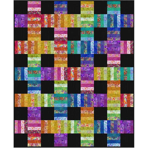 In The Beginning Fabrics Celtic Garden Strippy Weave Quilt Kit, colorful patchwork quilt with vibrant hues of purple, pink, blue, green, yellow, and orange on a black background.