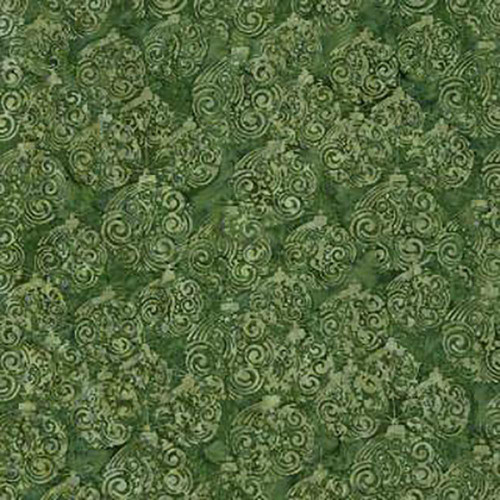 Riley Blake Fabrics Christmas Batiks Express Yourself! Holiday Sparkle Leprechaun Green, a festive green fabric with intricate swirling patterns and holiday charm.
