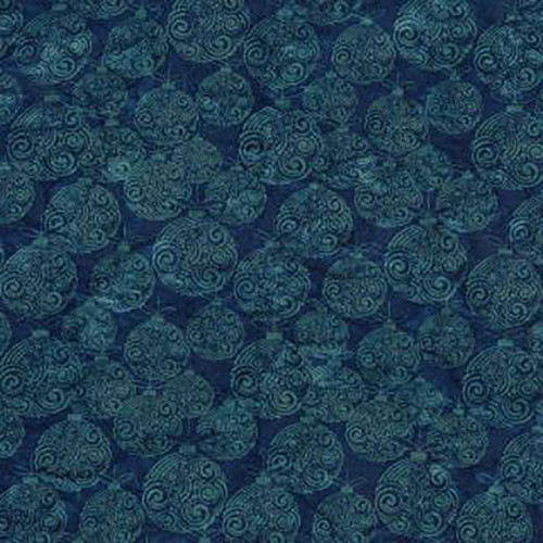 Riley Blake Fabrics Christmas Batiks Express Yourself! Holiday Sparkle Moody Blues, a fabric with a pattern of blue swirling circular designs and intricate details for holiday quilting and craft projects.