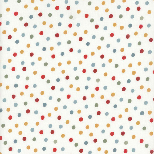 Henry Glass Fabrics Nordic Holiday Village MaryJane Carey Dots Cream Red Green, fabric with a white background and multicolored polka dots in red, green, blue, and yellow.