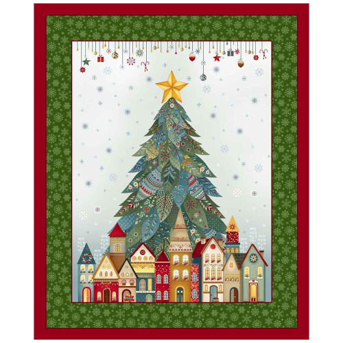 Henry Glass Fabrics Nordic Holiday Village MaryJane Carey Christmas Village Christmas Tree Panel 36 Red Green, festive Christmas-themed panel featuring a decorated Christmas tree and colorful small houses, surrounded by snowflakes and holiday ornaments.